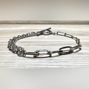 Asymmetrical Stainless Steel Paper Clip Toggle Bracelet, 8”